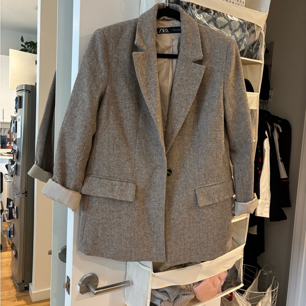 Zara Taupe Tweed Single-Button Blazer
